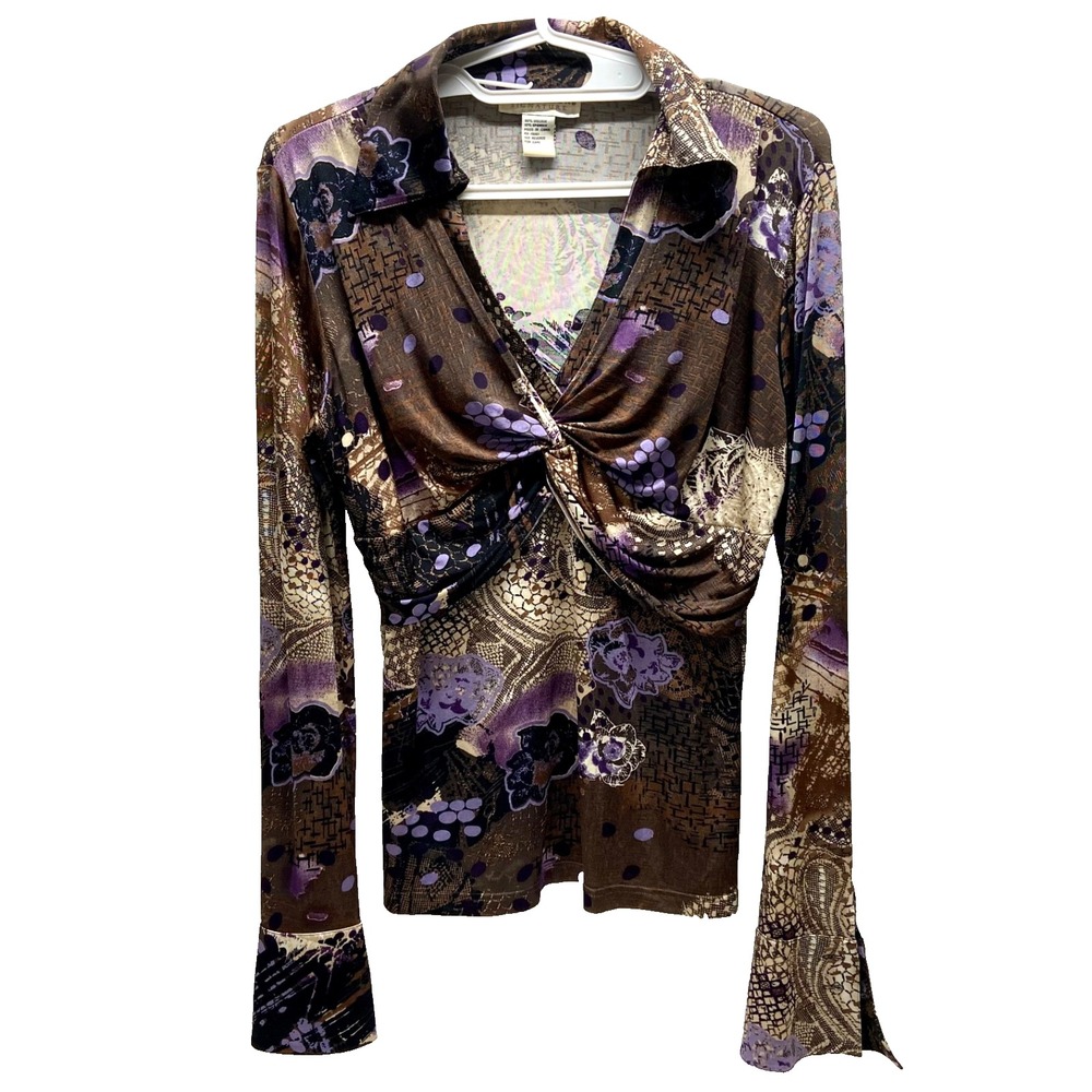 Doncaster Signature Blouse Women's Medium Purple Graffiti Long Sleeve V-Neck EUC